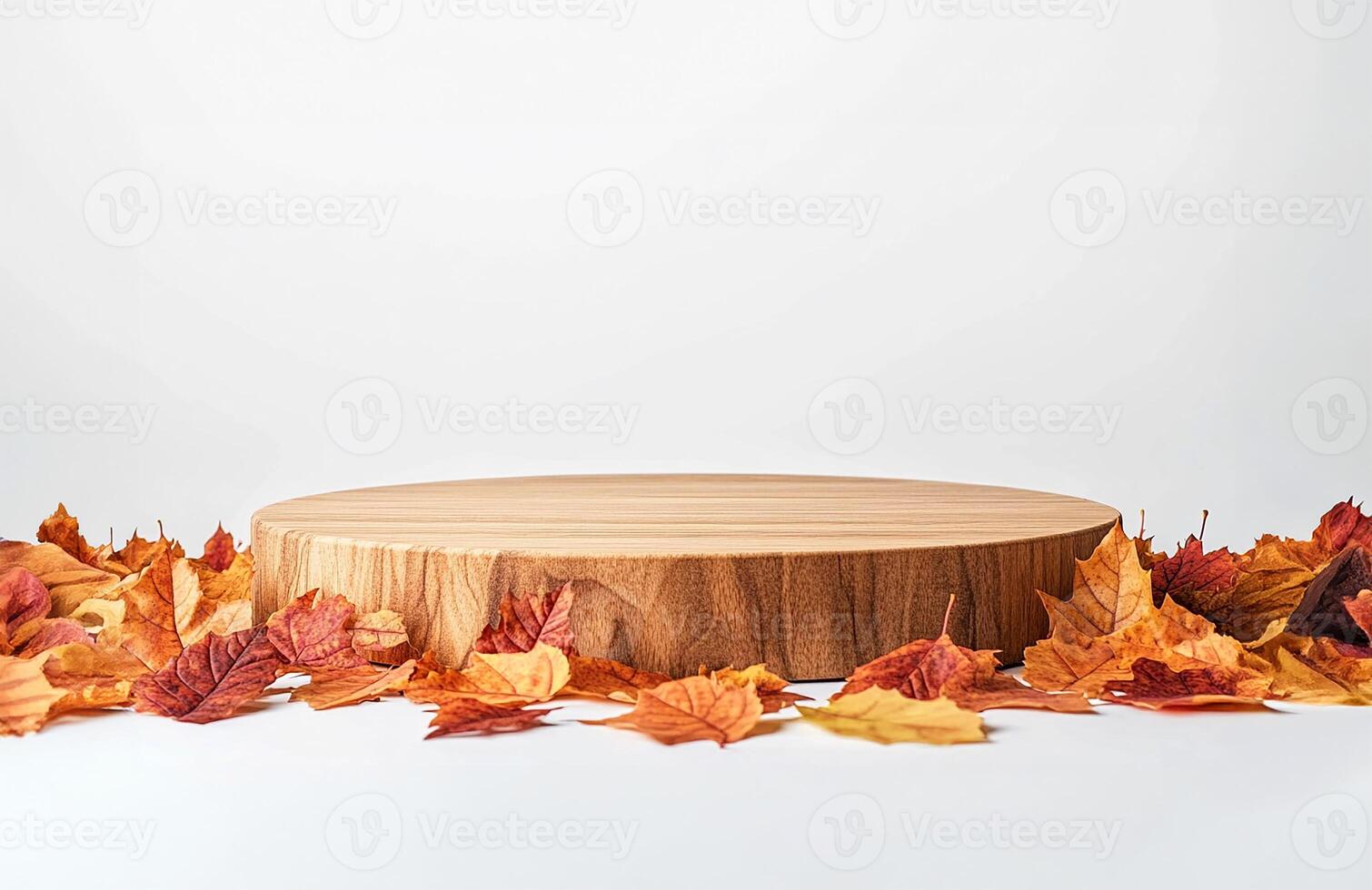 Wooden podium with fall leaves photo