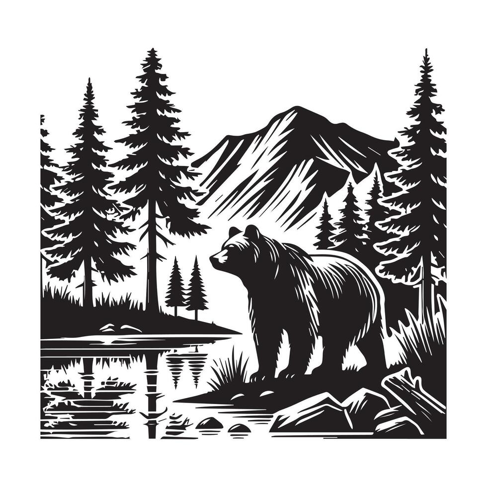 Forest Landscape illustration, Bear by the River Clipart vector