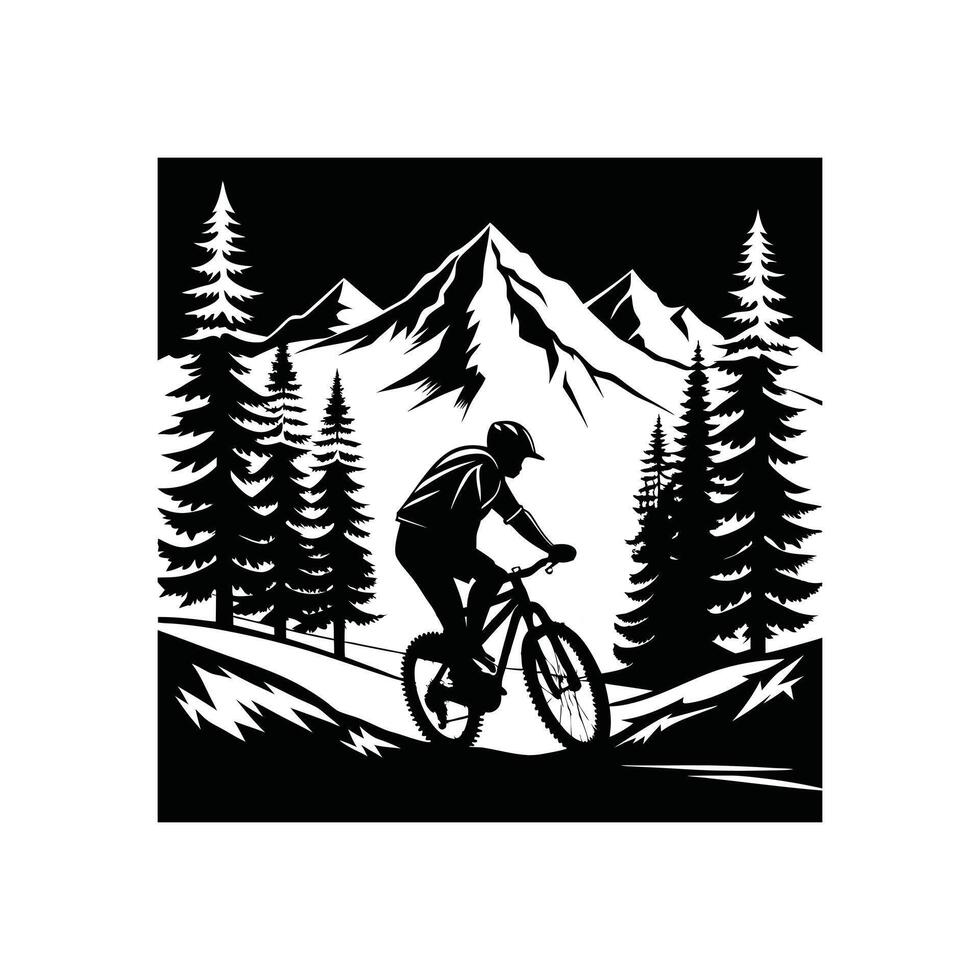 Forest Landscape illustration, Cyclist in the woods a mountain biker riding T-Shirt Design vector