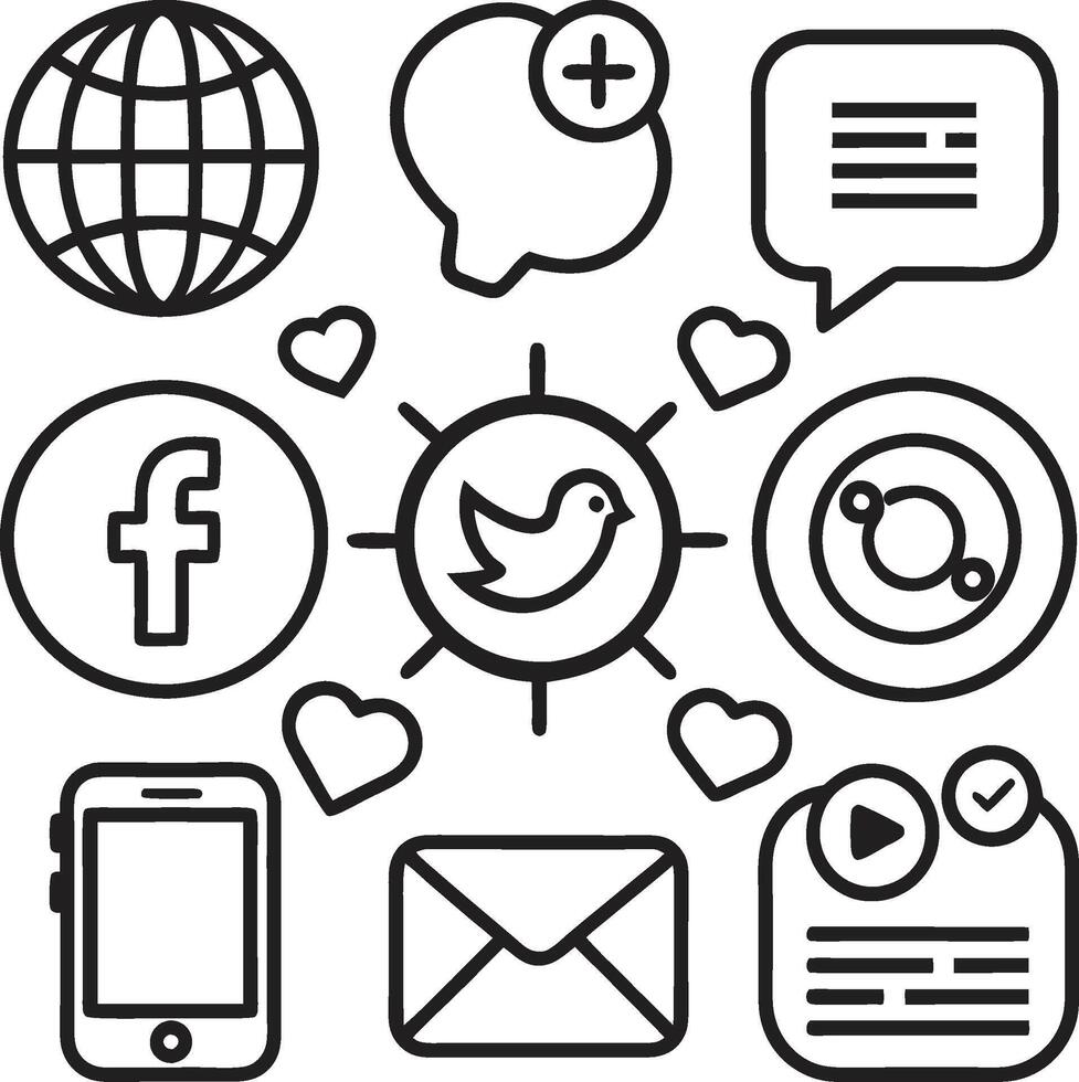 a set of black and white outline of social media icons vector