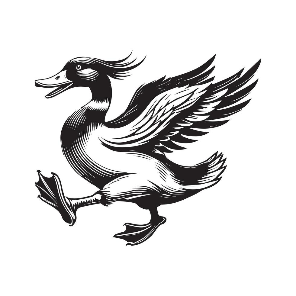 Duck Clipart, Duck Bird silhouette, A Duck Energetic Shake illustration in black and white vector