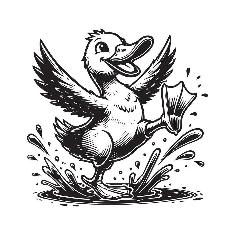 Duck Clipart, Duck Bird silhouette, A Splashing Stomp Duck illustration in black and white vector