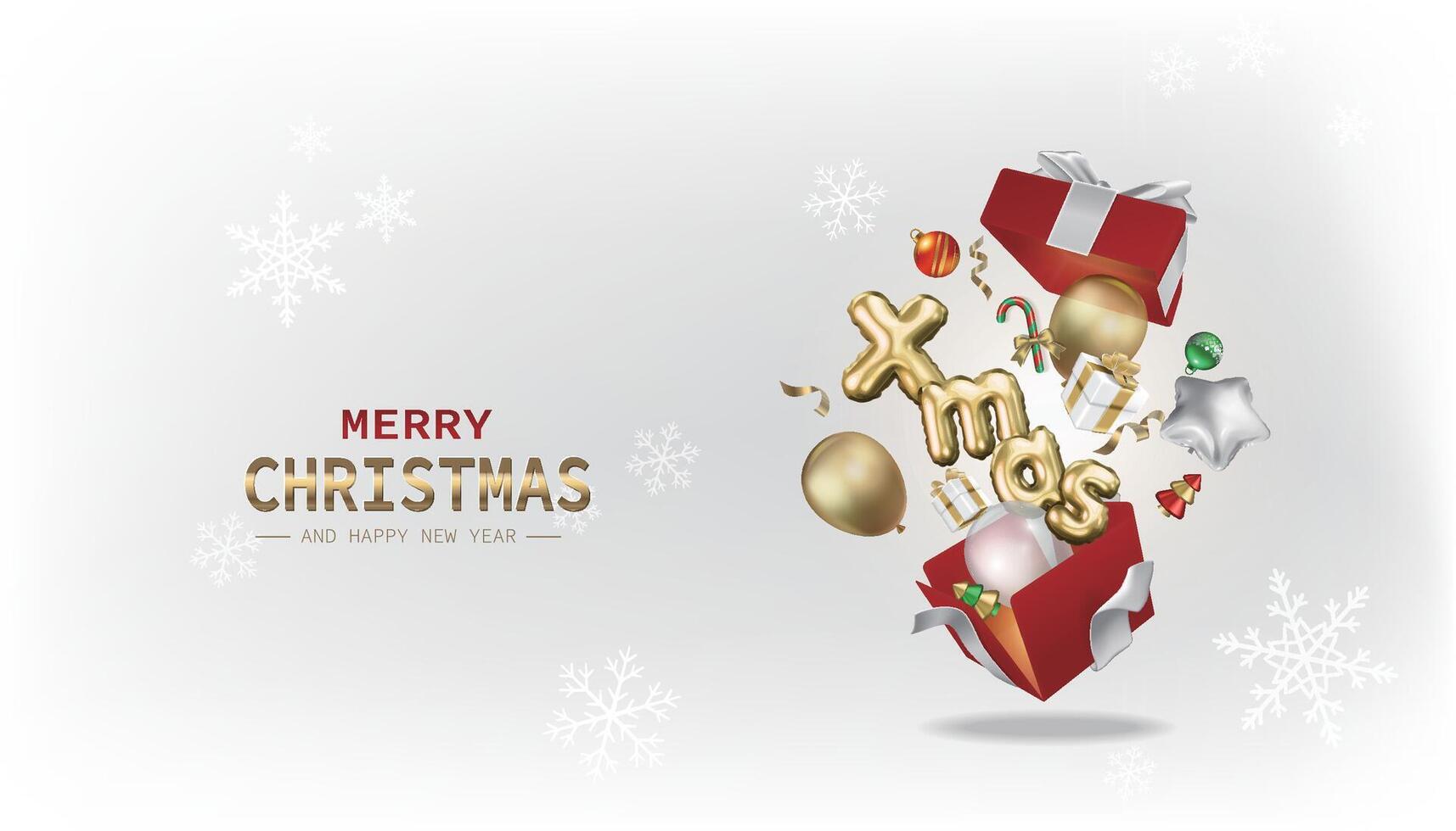 Open red surprise box with balloons, gifts and Christmas decorations, Merry Christmas and Happy New Year vector