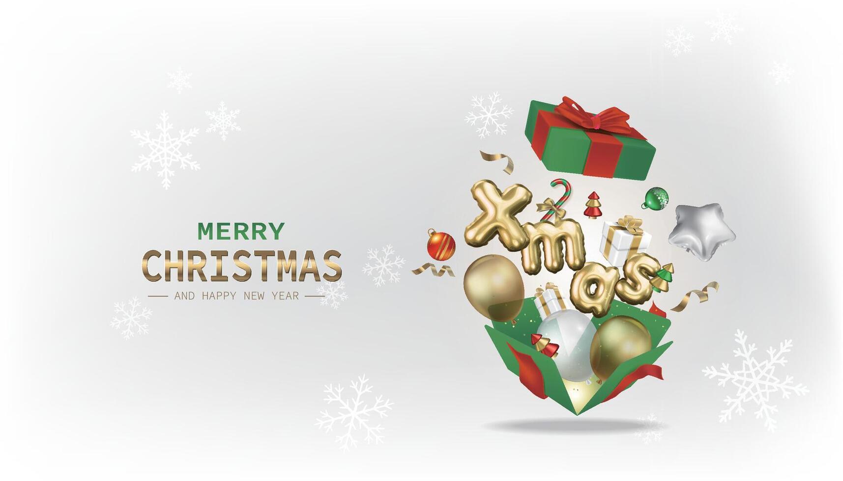 Open green surprise box with balloons, gifts and Christmas decorations, Merry Christmas and Happy New Year vector