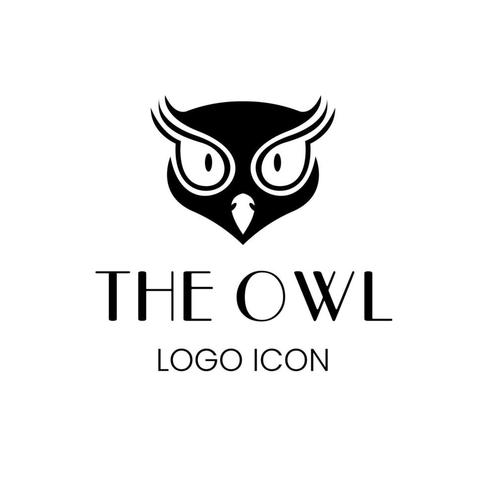 Owl head logo icon with big eyes sharp gaze in classic silhouette simple elegant style vector