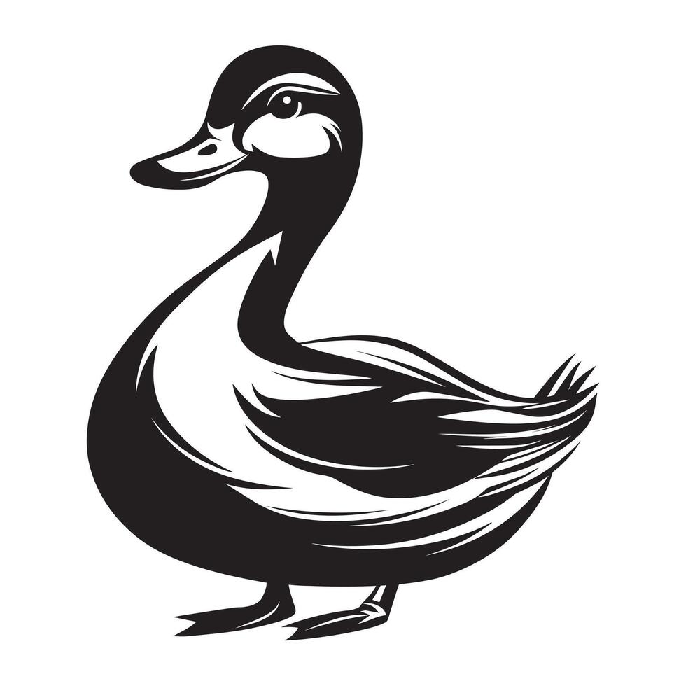 Duck Clipart, Duck Bird silhouette, Duck Playful illustration in black and white vector