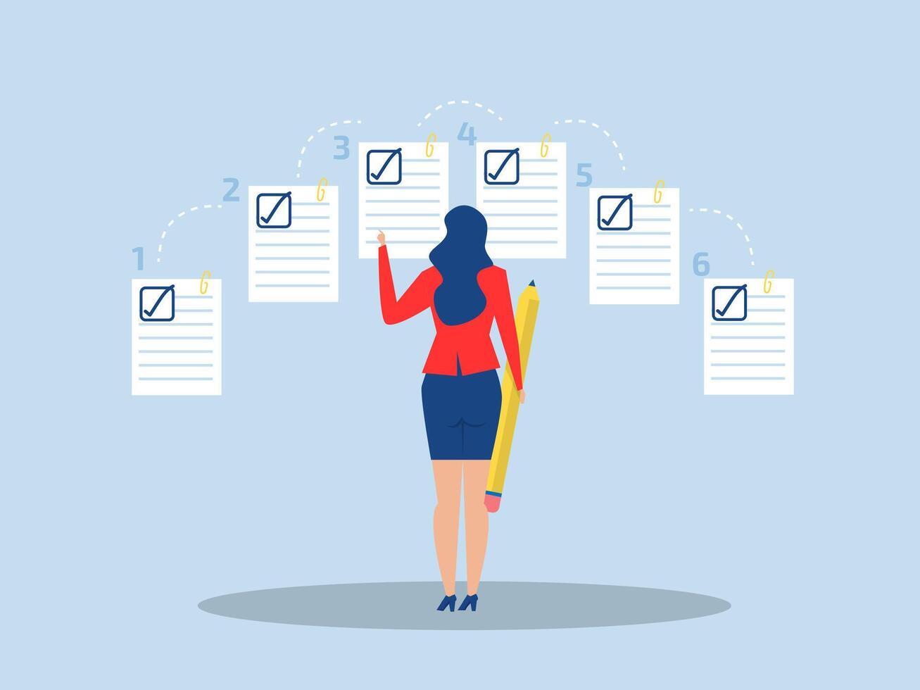 Work focus, woman manage priority task document for efficiency or productivity success, multitasking, organize or planning to finish work concept, vector