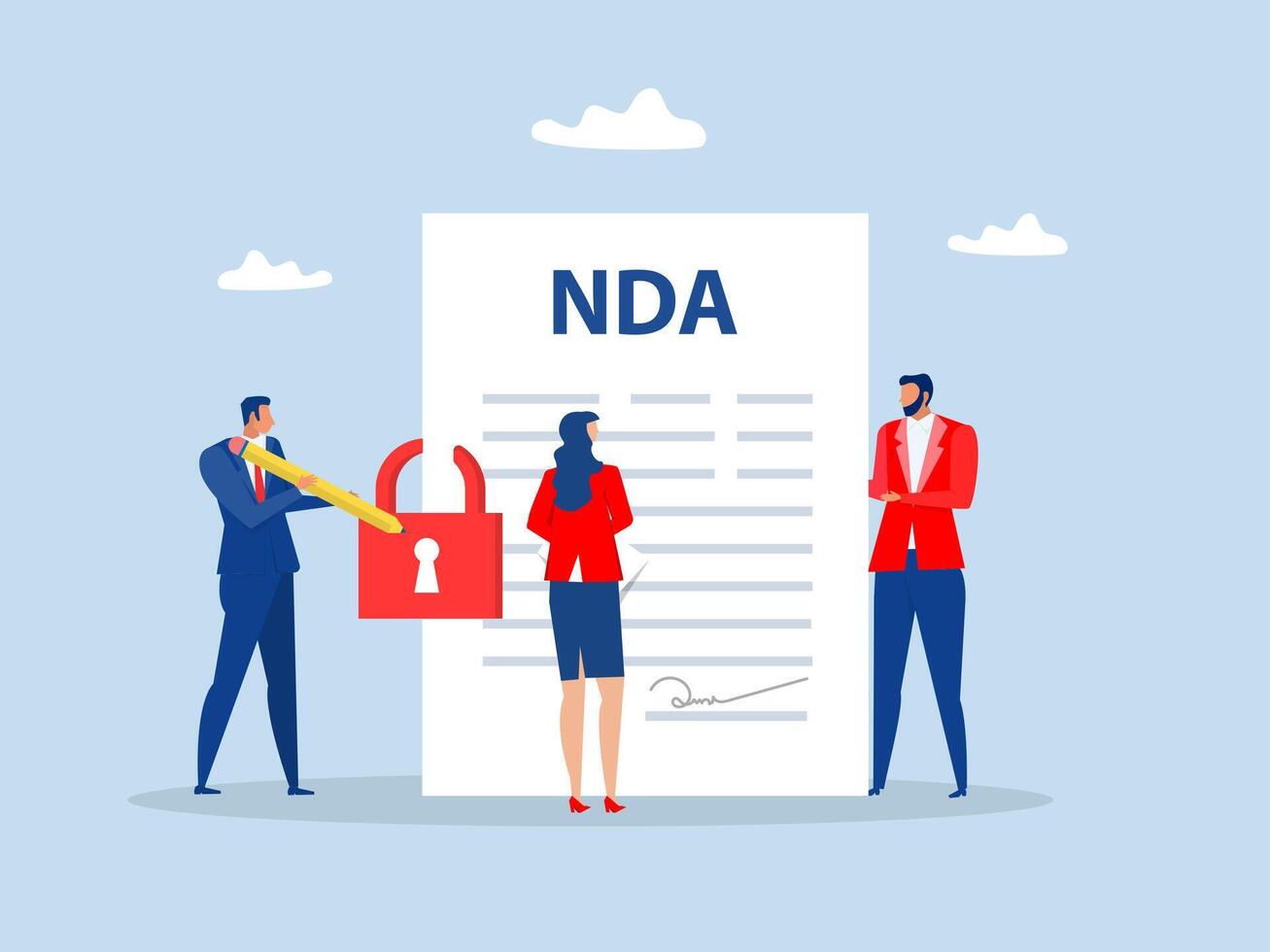 NDA or Non disclosure agreement contract businessman holding signing pen with NDA locked with padlock document.Non Disclosure Agreement concept flat illustration vector