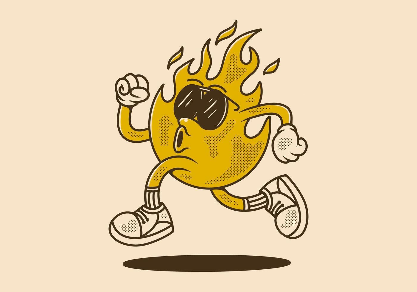 Running fire flame character illustration in retro style vector