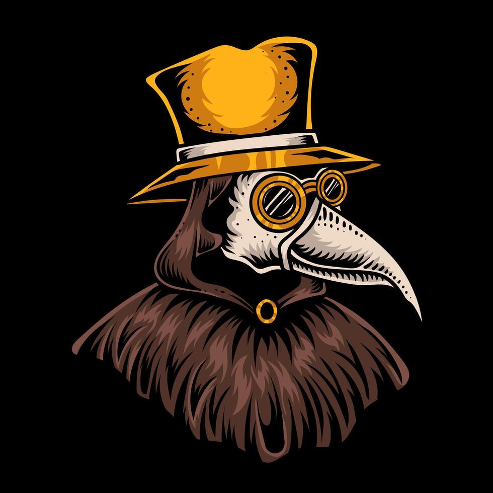 Illustration of plague doctor with bird mask and hat on black background. vector