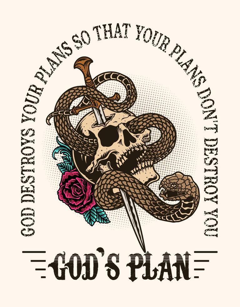 Illustration vintage skull rose flower with snake vector
