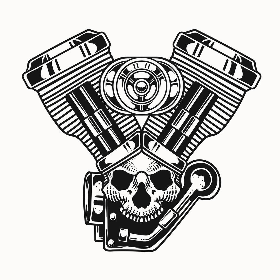 Illustration of vintage skull v twin engine, hand drawn, monochrome style vector