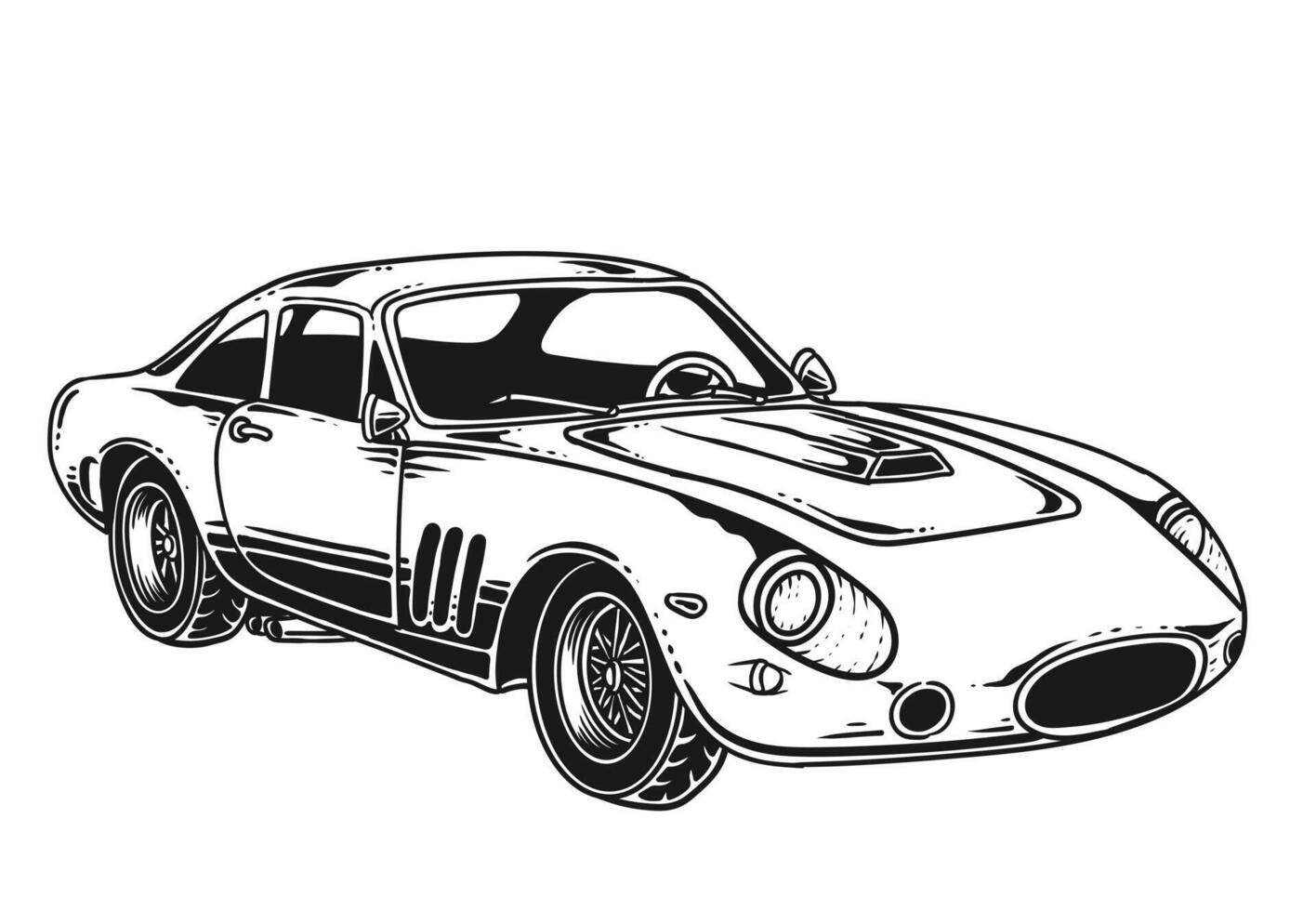 Illustration of retro sport car black and white style, hand drawn. vector