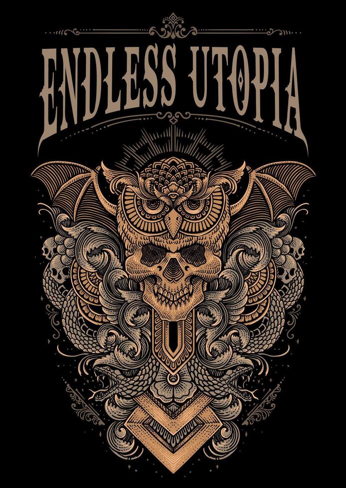 Illustration owl skull head with antique engraving ornament on black background vector