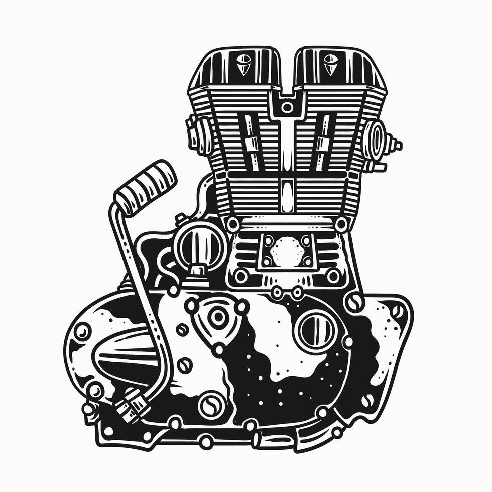 Illustration of vintage motorcycle engine, hand drawn, monochrome style vector