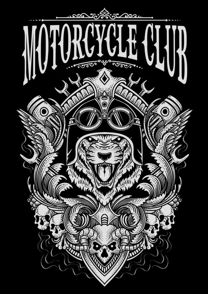 Illustration tiger bikers head with engraving ornament frame, hand drawn vector