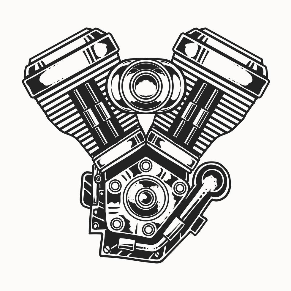 Illustration of vintage v twin engine, hand drawn, monochrome style vector