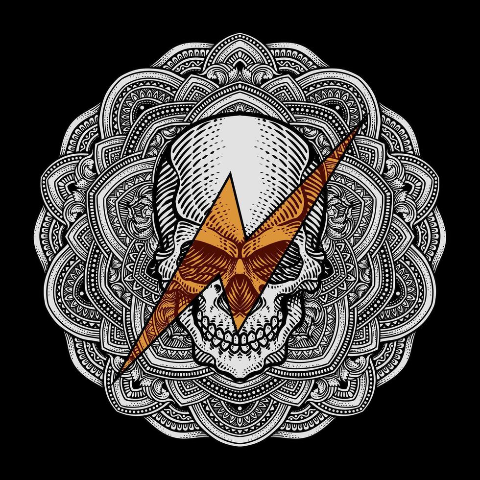 Illustration skull with mandala on black background vector