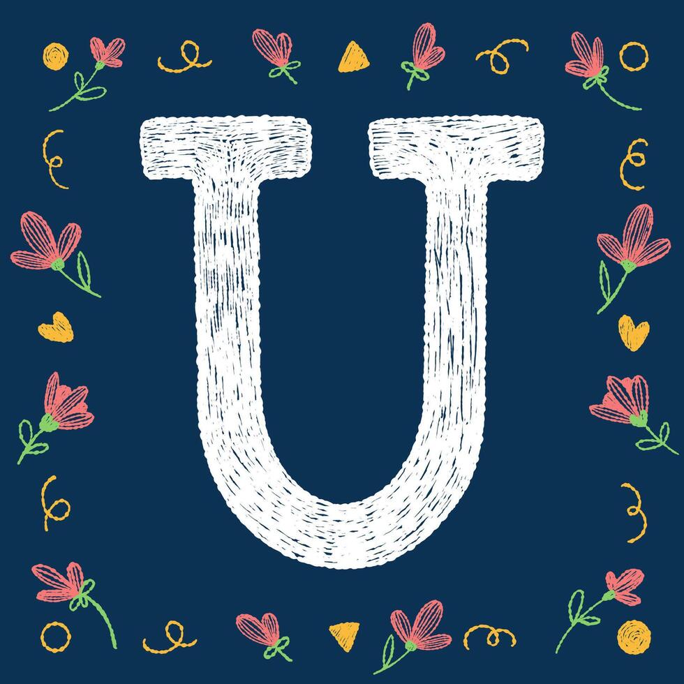 Hand-drawn letter U with chalk texture and decorative elements on a blue background, ideal for educational and creative design projects. vector