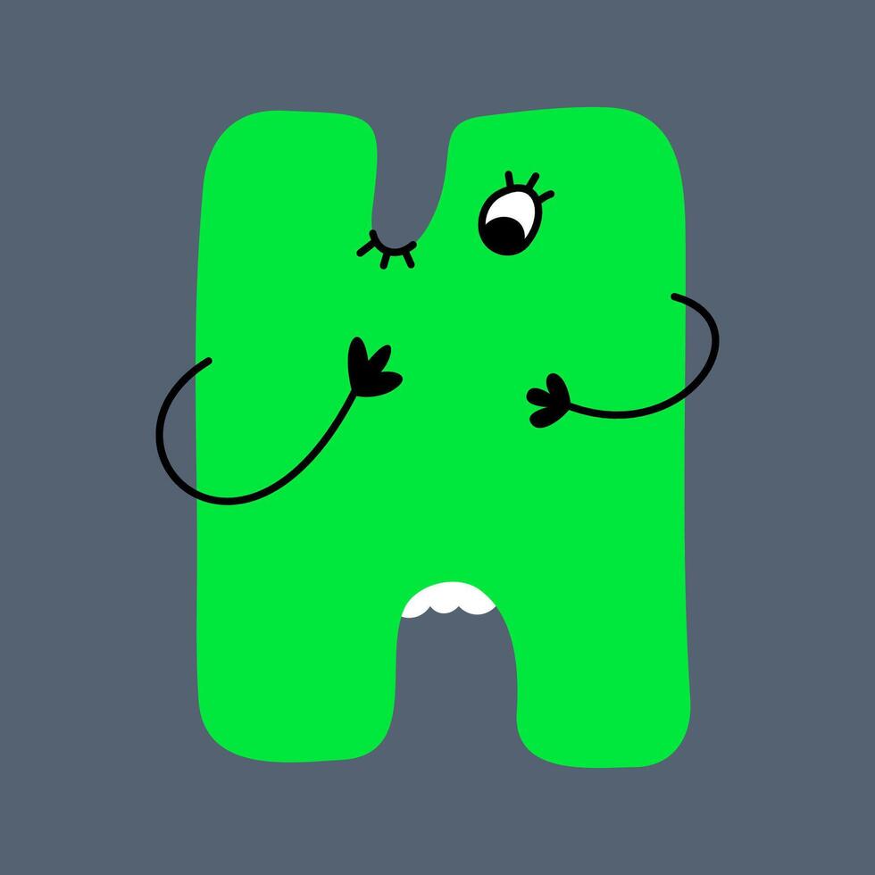 Funny uppercase letter H in doodle style, with cute faces and hands. ABC funky bubble design vector