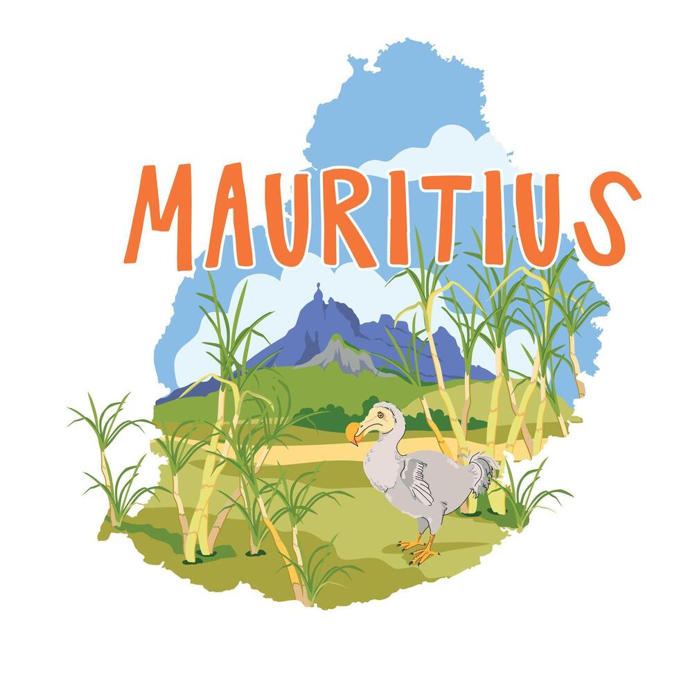 Sugar cane fields with famous Mount Pieter Bot on Mauritius island map background. Dodo bird endemic species of flightless extinct bird raphus cucullatus. landmarks flat style. vector