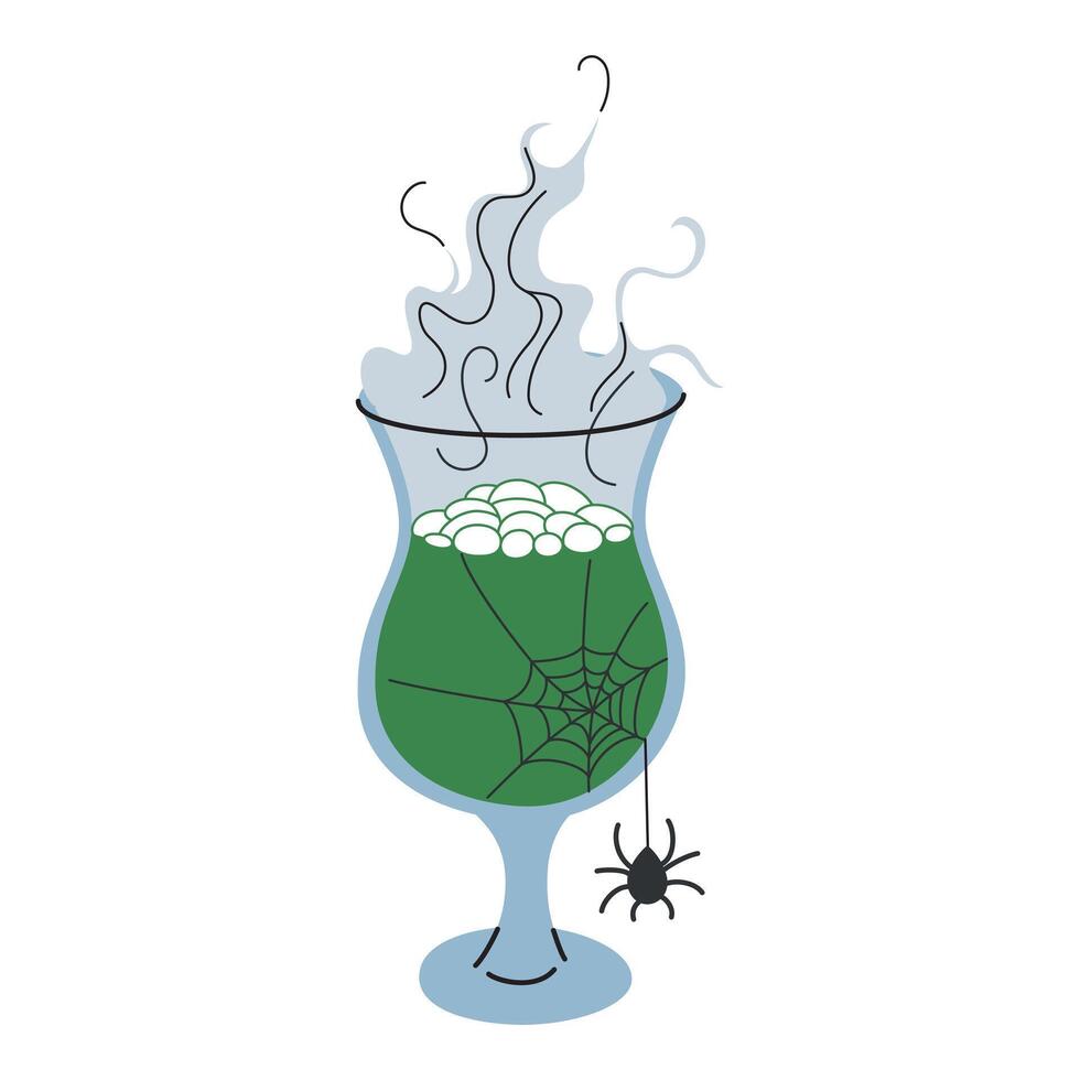 illustration of a spooky Halloween cocktail, bubbling with green liquid in a glass cauldron. Drink adorned with a spider and cobweb, mysterious, eerie vibe. Beverage for Halloween party vector