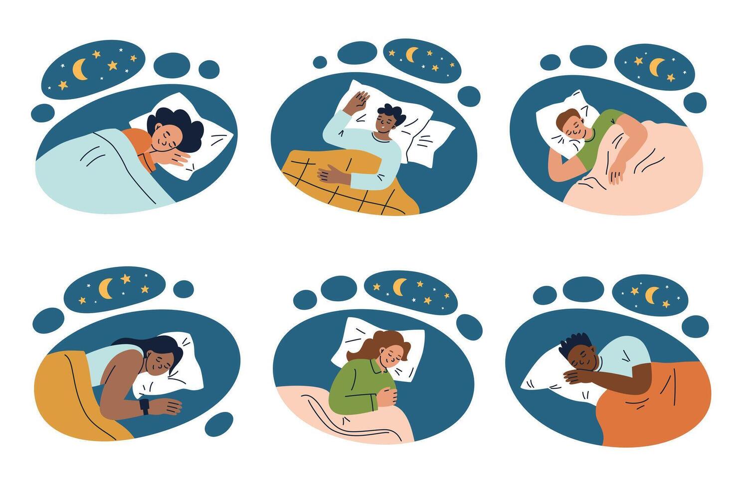illustration set of cartoon images with diverse people peacefully sleeping at night. Cozy, tranquil sleep position under a starry sky and crescent moon, relaxation and restfulness vector