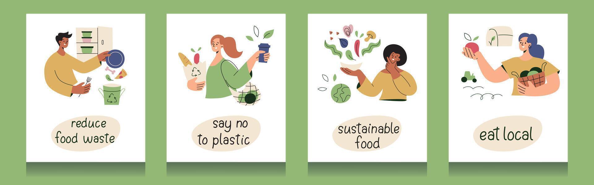 Set of four sustainable food posters with hand lettering on green background. Flat illustrations of people in cartoon style. Eco friendly, healthy eating, zero waste concept, local produce vector