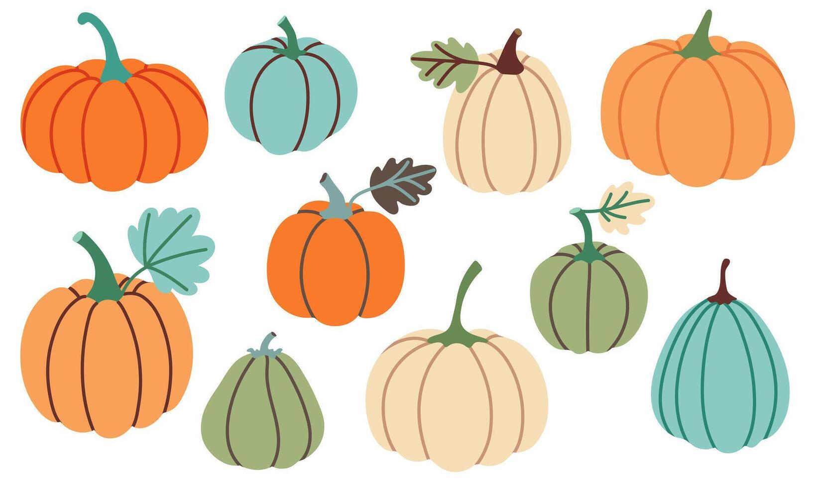 Pumpkin set isolated on white. Colorful hand drawn decorative elements for happy Halloween design. Autumn pumpkins in simple flat style. vector