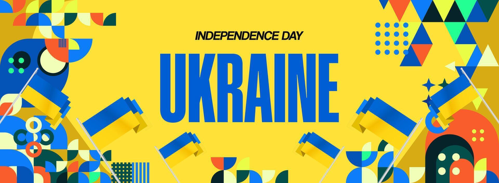 Ukraine Independence Day banner in modern geometric style. Wide banner with typography and also country flag. Background for National holiday celebration party. Happy Independence Day of Ukraine vector
