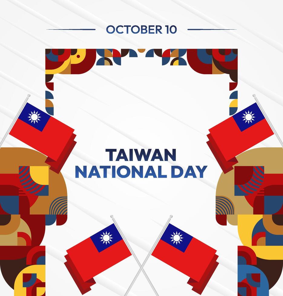 Taiwan National Day banner in modern geometric style. Square greeting card cover with country flag. Double Ten Day October 10th as Taiwan national holiday. Happy National Day of the Republic of China vector