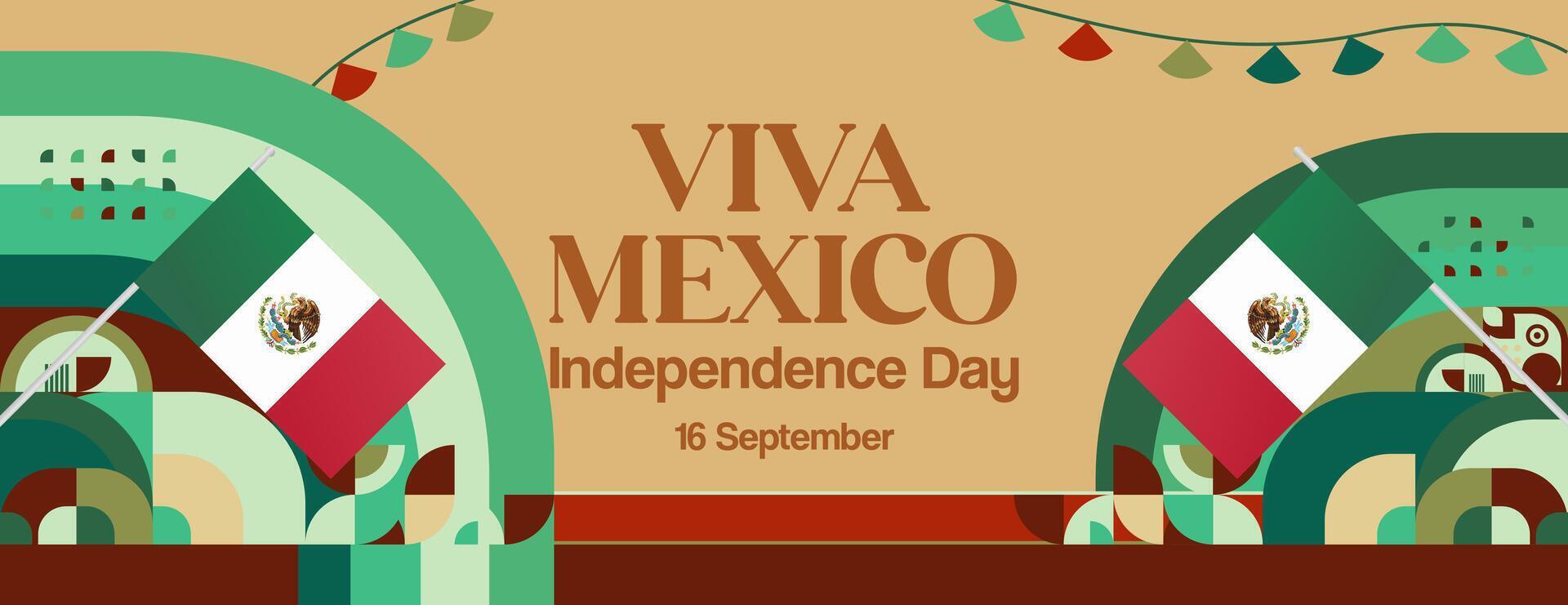 Mexico National day wide banner. Modern geometric abstract background in colorful style. Mexico Independence day greeting card cover with text and flag. Happy National day vector