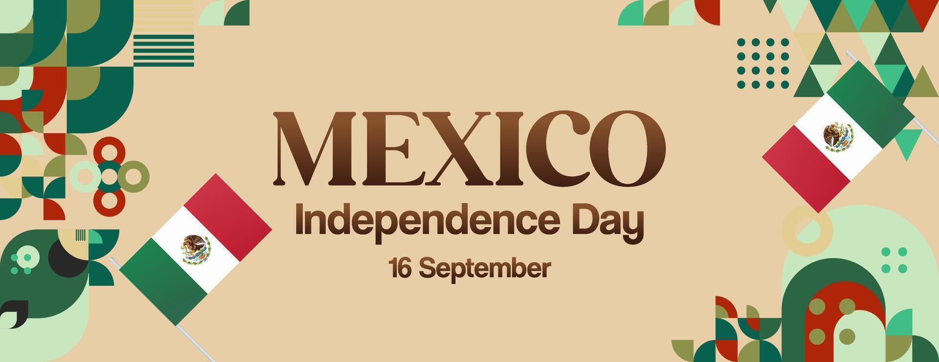 Mexico National day wide banner. Modern geometric abstract background in colorful style. Mexico Independence day greeting card cover with text and flag. Happy National day vector