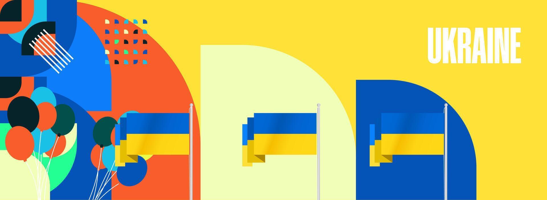 Ukraine Independence Day banner in modern geometric style. Wide banner with typography and also country flag. Background for National holiday celebration party. Happy Independence Day of Ukraine vector