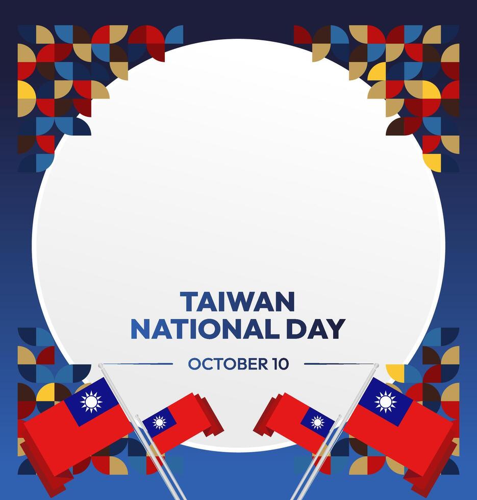 Taiwan National Day banner in modern geometric style. Square greeting card cover with country flag. Double Ten Day October 10th as Taiwan national holiday. Happy National Day of the Republic of China vector