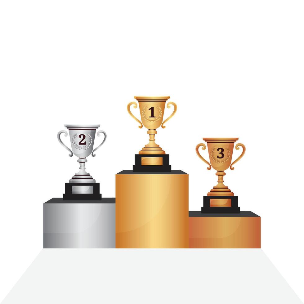 winners gold silver and bronze cup on award pedestal isolated on white background vector