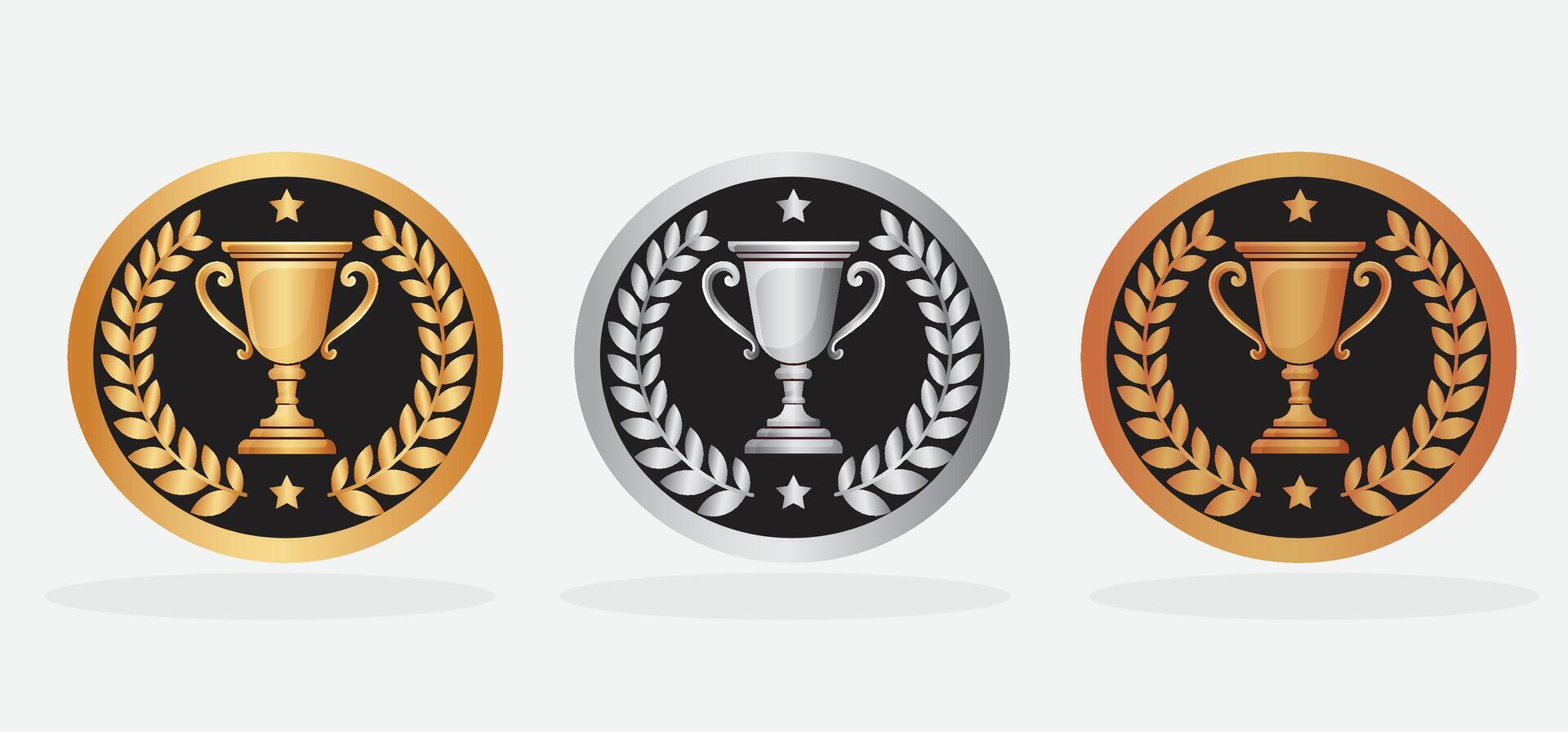 gold silver and bronze winner medals with cup and laurel wreath vector