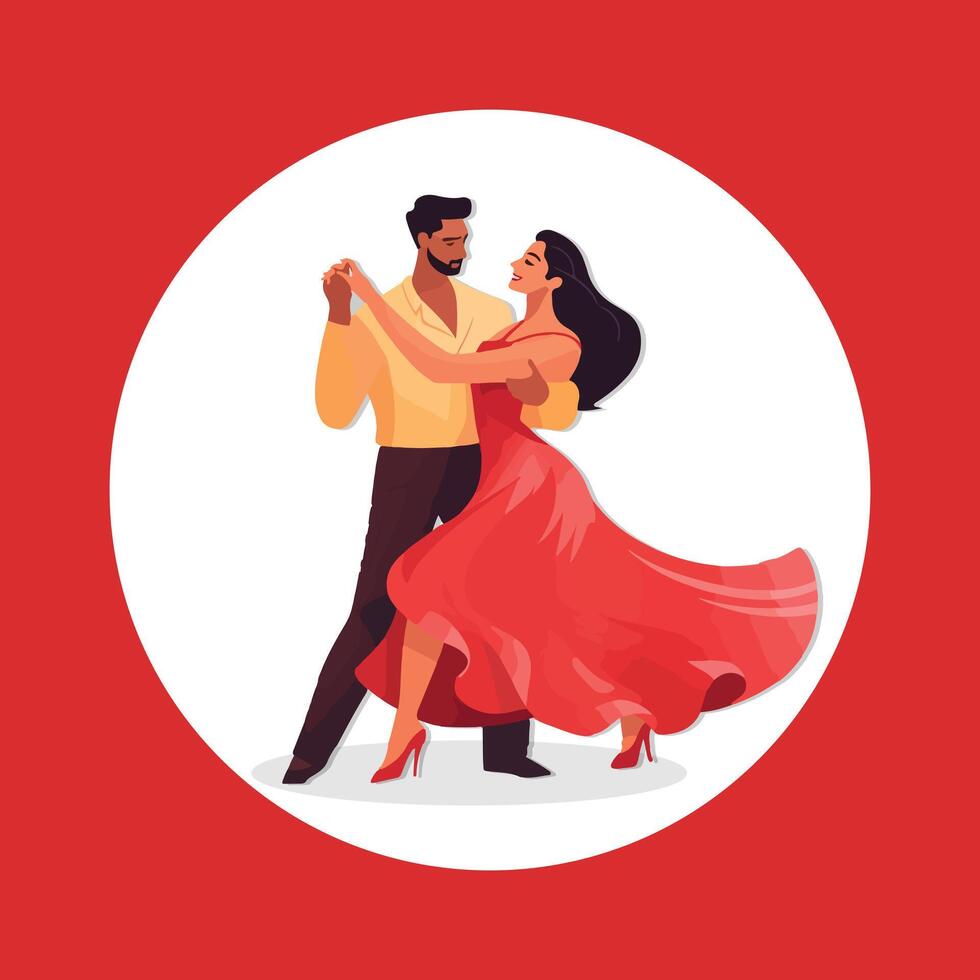 a couple dancing in a red background with a man and woman dancing. vector