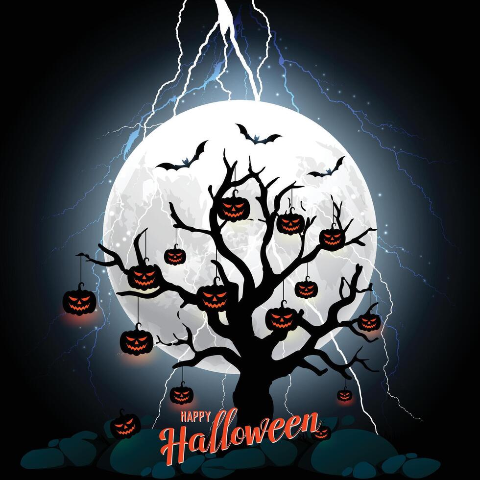 a halloween poster with a tree and a moon in the background vector