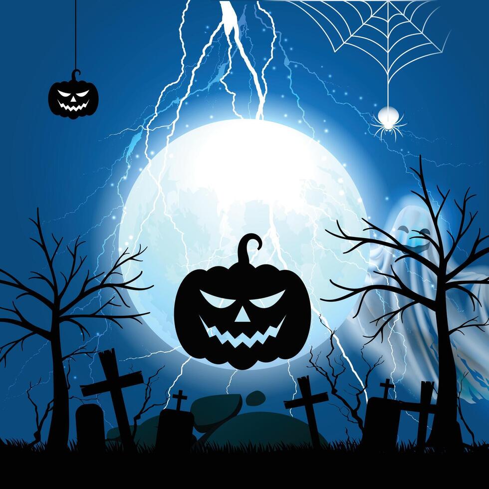 a halloween scene with a full moon and a spooky pumpkin vector