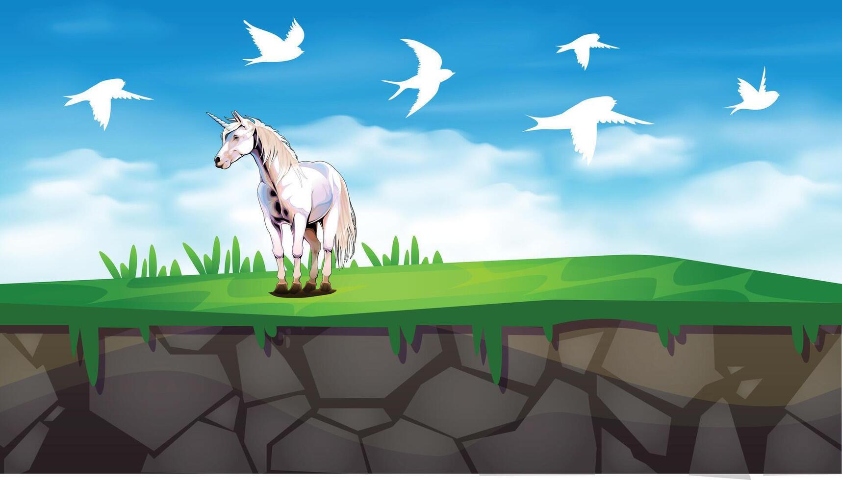 an illustration of a unicorn on a white background with birds flying above it. vector