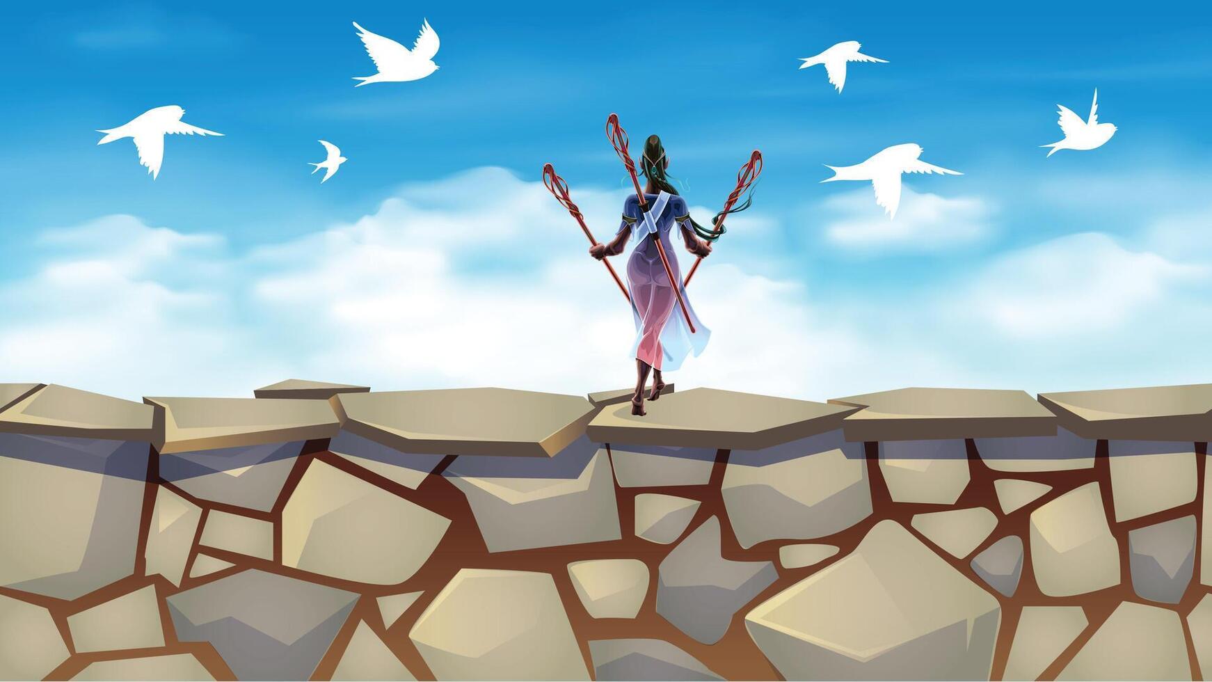 a woman with a long skirt is standing on a cliff with a flock of birds flying above her. vector
