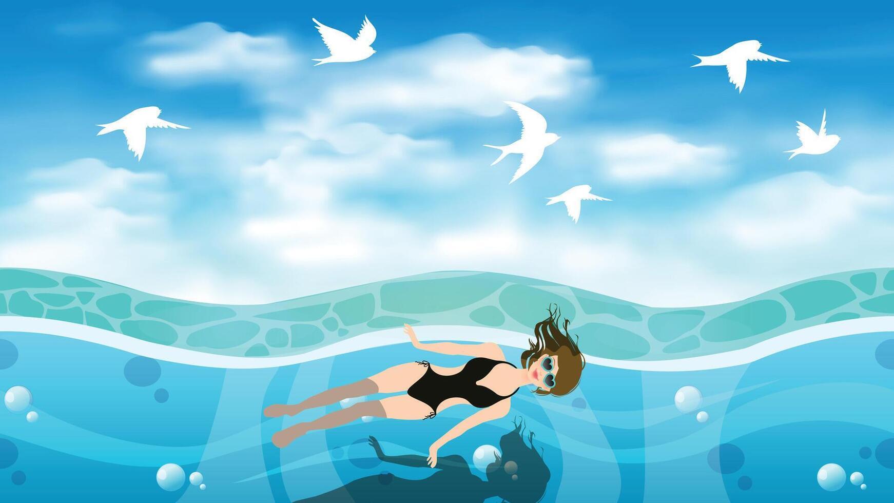 a girl swimming in the ocean under a blue sky with white birds. vector