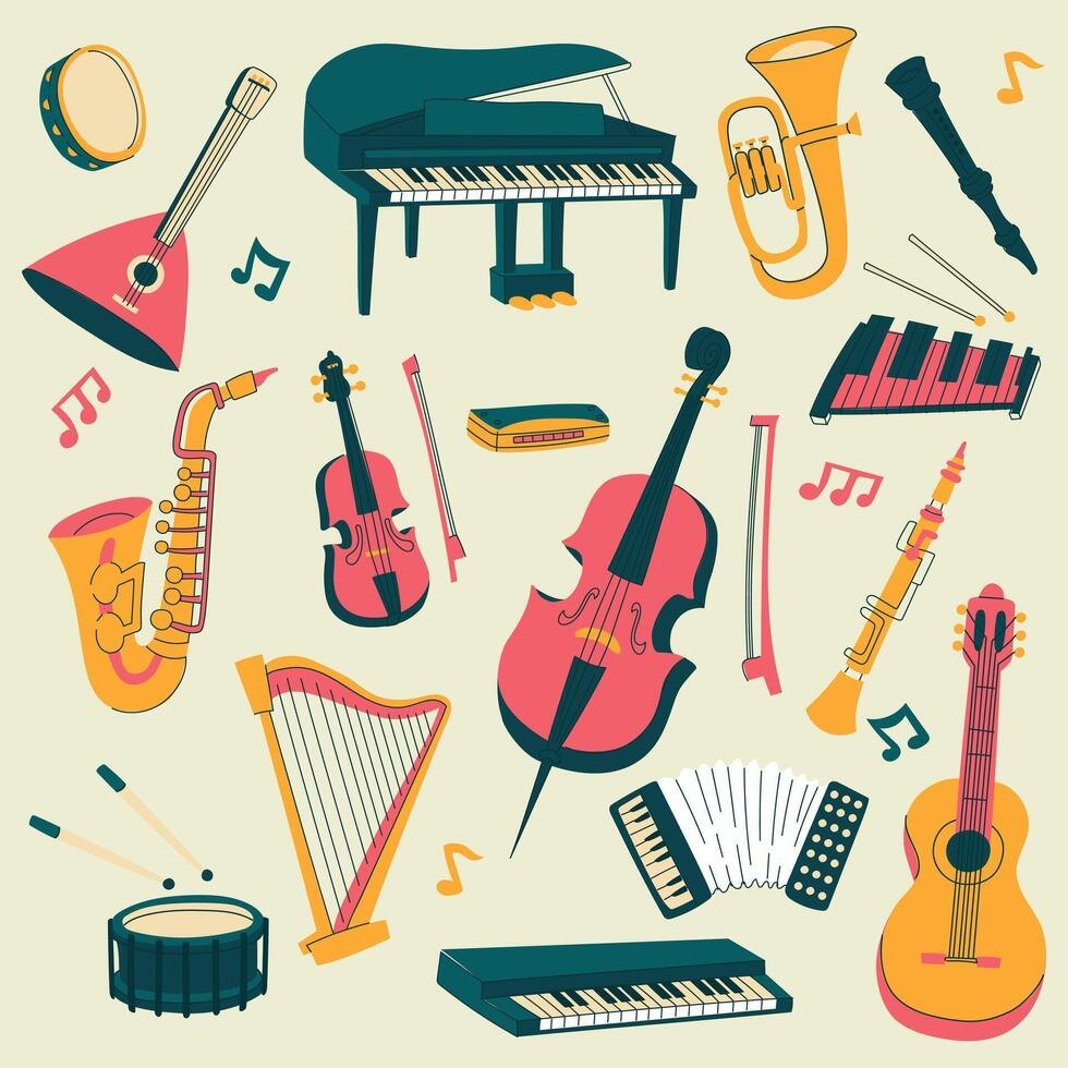 Musical instruments, a set of colored flat illustrations. Guitar, synthesizer, violin, cello, drum, cymbals, saxophone, accordion, piano, harp, harmonica, balalaika, cello, trumpet, xylophone . Retro vector