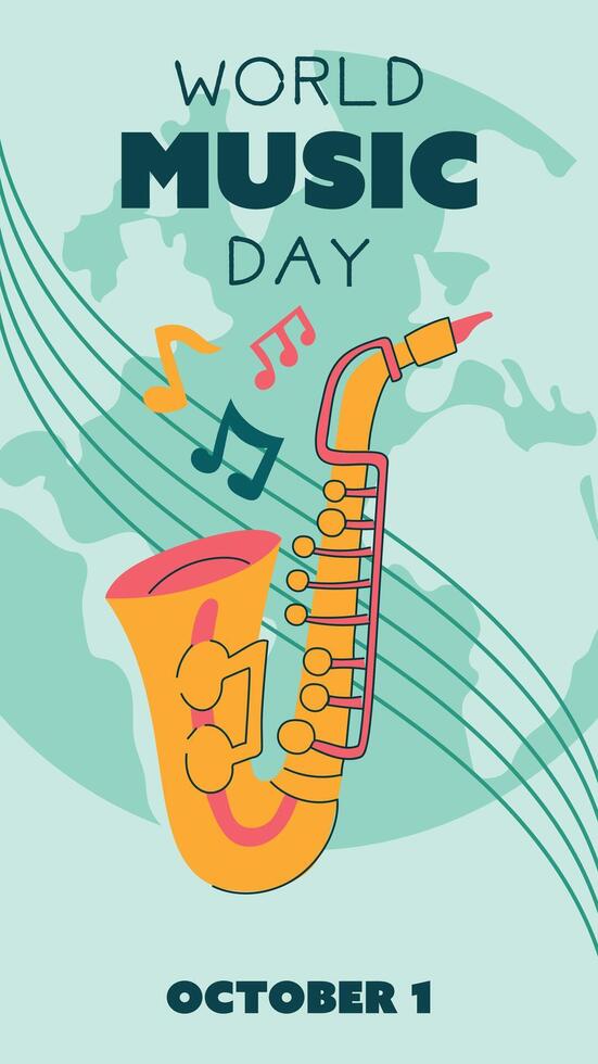 World Music Day poster, , text illustration. Flat illustration of a saxophone and sheet music for web design. Vertical banner of a yellow brass musical instrument on the ground background vector