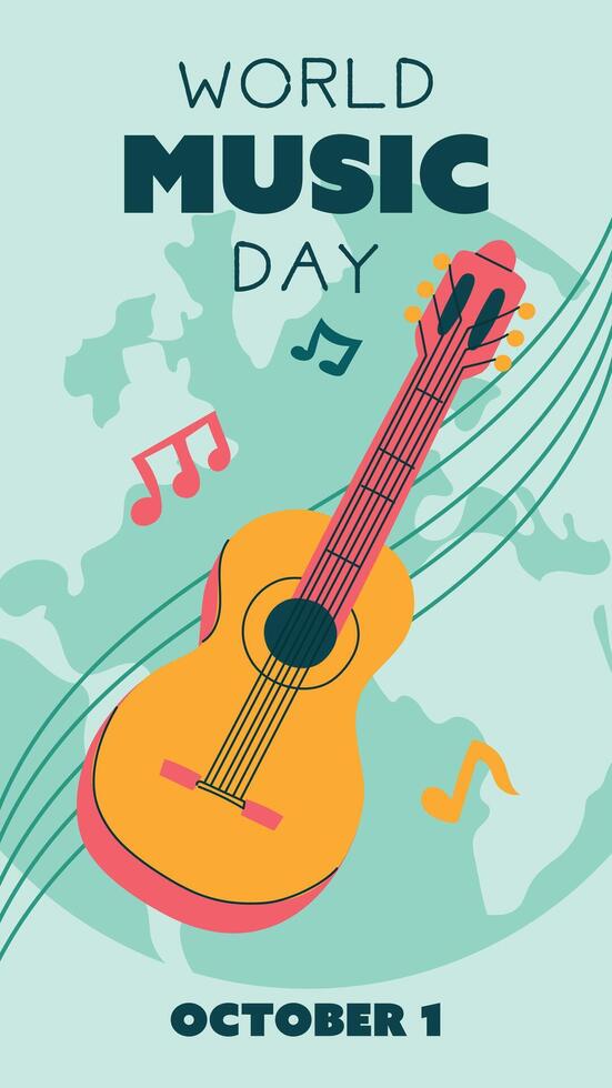 World Music Day poster, , text illustration. A flat illustration with guitar and sheet music for web design. Vertical banner of a yellow stringed musical instrument on the ground background vector