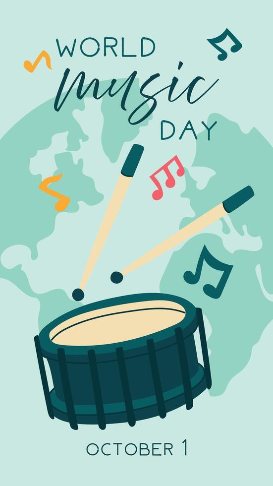 World Music Day poster, , text illustration. A flat illustration of a drum with sticks and notes for web design. Vertical banner of a blue percussion musical instrument on the ground background vector