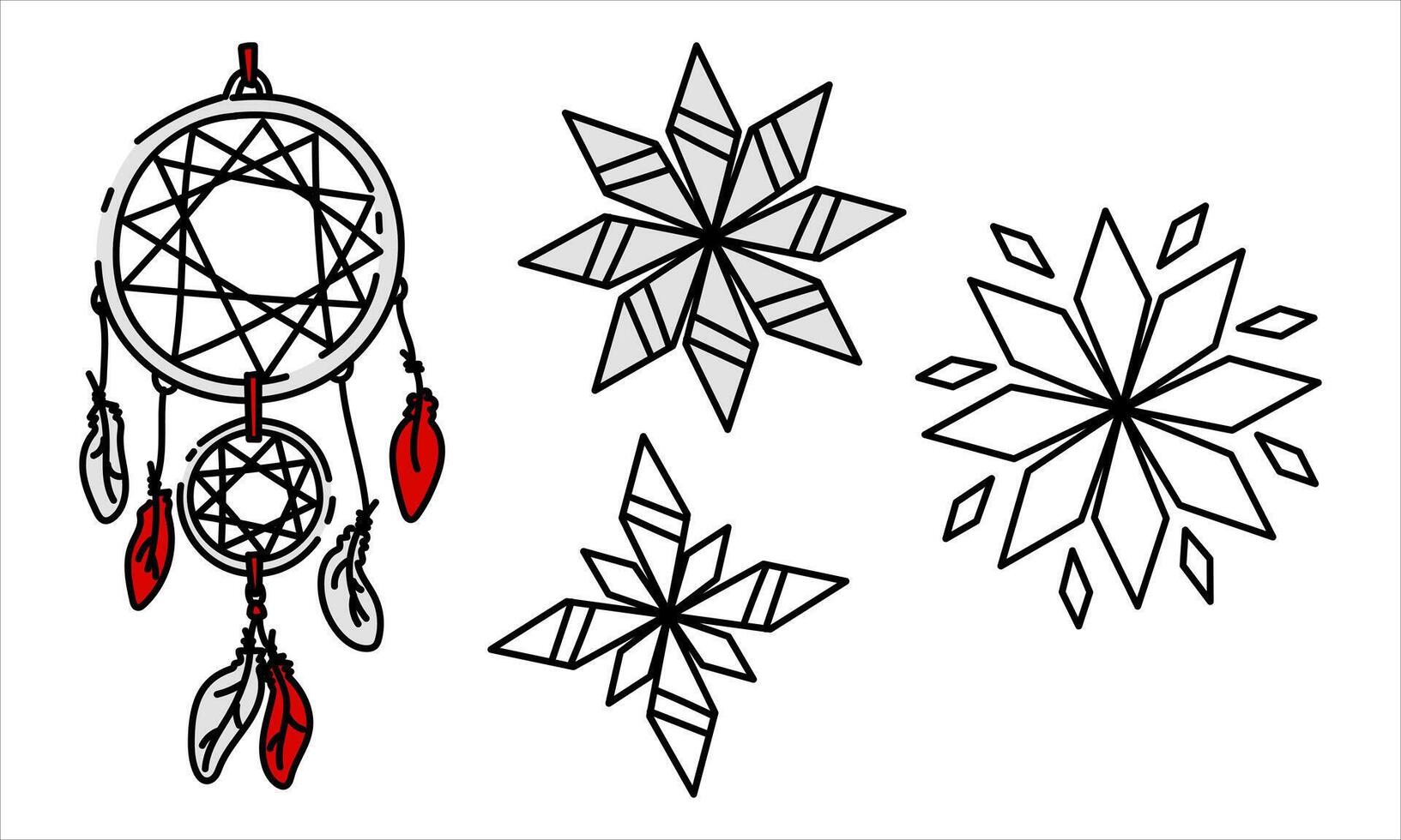 A flat illustration of a dream catcher made in a traditional style with sharp snowflakes instead of feathers. A circle with a web of feathered threads surrounded by sharp snowflakes vector