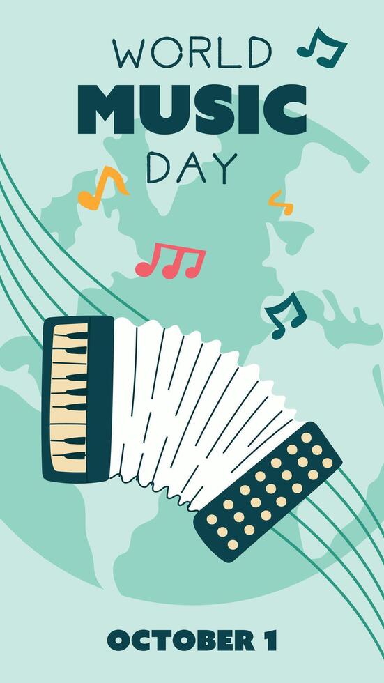 World Music Day poster, , text illustration. Flat illustration of accordion and sheet music for web design. Vertical banner of blue wind keyboard musical instrument on background of the earth vector