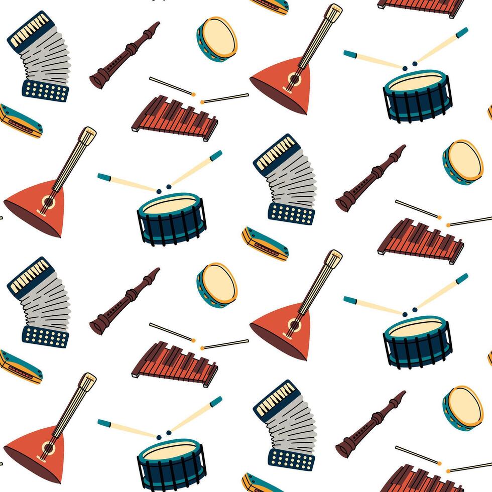 Pattern with musical instruments, colored flat illustrations. accordion, violin, xylophone, balalaika, drum, pipe, harmonica in different colors. Strings, wind instruments. Seamless musical texture vector